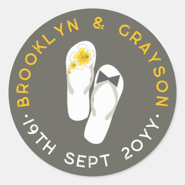 Mr & Mrs Pink Hibiscus Flip Flops Beach Wedding Classic Round Sticker (Front)