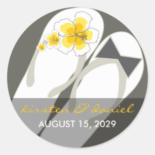 Mr & Mrs Pink Hibiscus Flip Flops Beach Wedding Classic Round Sticker