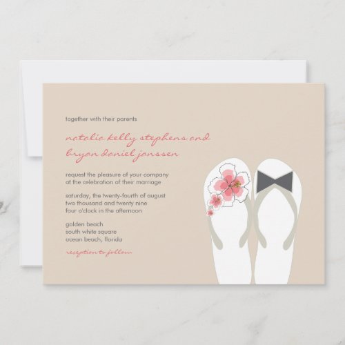 Mr  Mrs Pink Hibiscus Flip Flops Beach Wedding Invitation