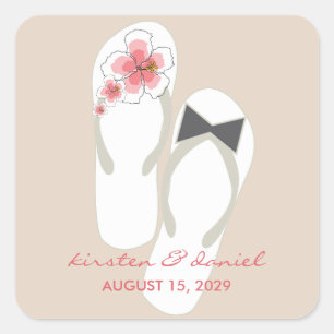 Mr & Mrs Pink Hibiscus Flip Flops Beach Wedding Square Sticker