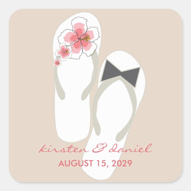 Mr & Mrs Pink Hibiscus Flip Flops Beach Wedding Square Sticker (Front)