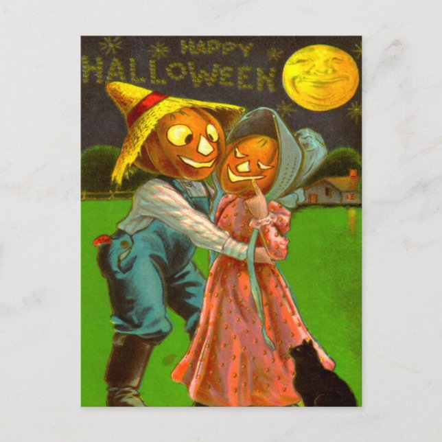 Mr. & Mrs. Pumpkin With Their Black Cat Postcard (Front)