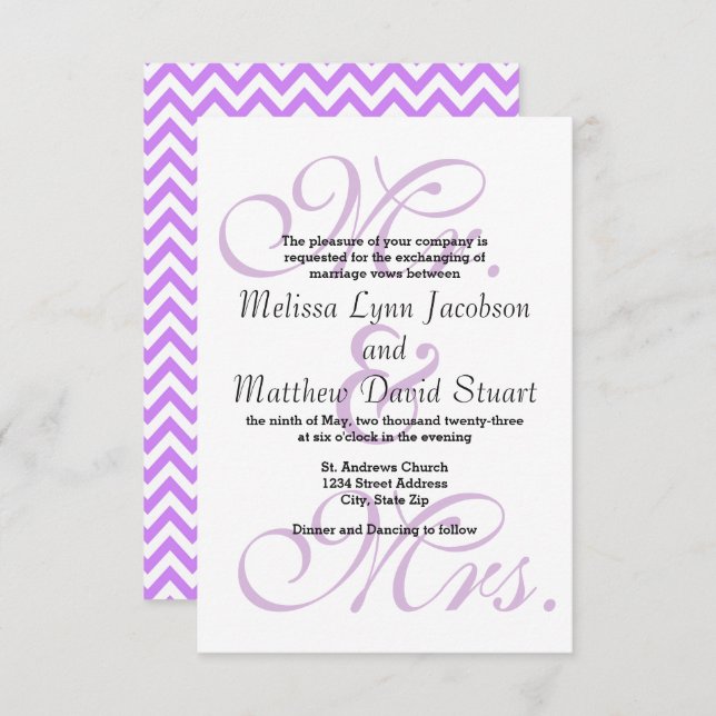 Mr. & Mrs. Purple Chevron - 3x5 Wedding Invitation (Front/Back)