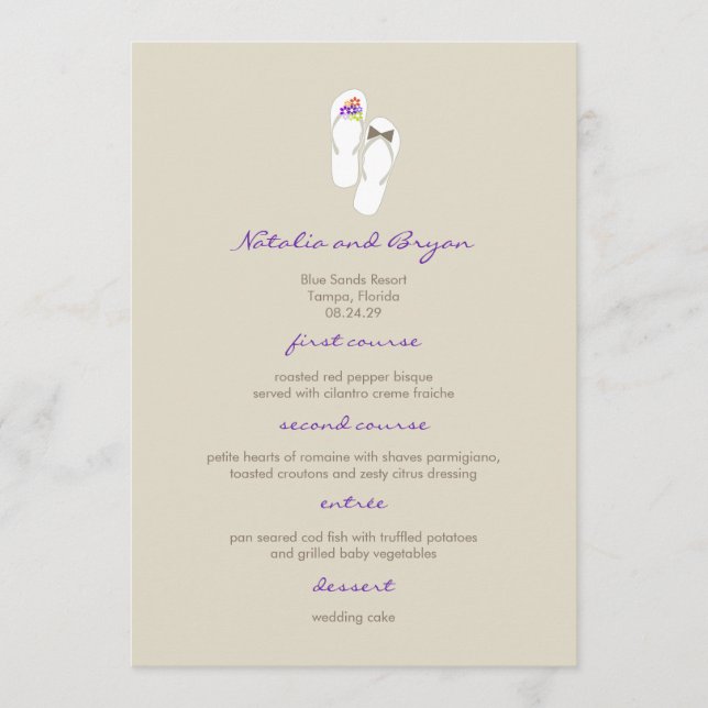 Mr & Mrs Purple Flip Flops Beach Wedding Menu Card (Front)