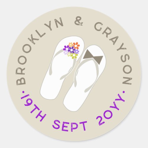 Mr  Mrs Purple Flowers Flip Flops Beach Wedding Classic Round Sticker