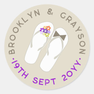 Mr & Mrs Purple Flowers Flip Flops Beach Wedding Classic Round Sticker