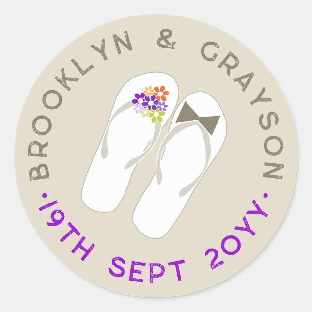 Mr & Mrs Purple Flowers Flip Flops Beach Wedding Classic Round Sticker (Front)