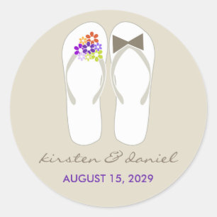 Mr & Mrs Purple Flowers Flip Flops Beach Wedding Classic Round Sticker