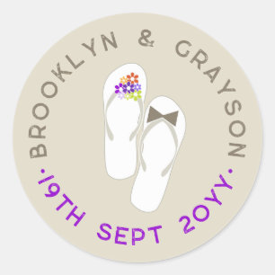 Mr & Mrs Purple Flowers Flip Flops Beach Wedding Classic Round Sticker
