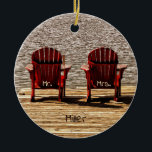 Mr Mrs Red Adirondack Beach Chairs Rustic Ceramic Ornament<br><div class="desc">Mr and Mrs wedding Adirondack beach chairs Christmas tree ornament. Country rustic cottage style gift for the newly weds. Brown burgundy,  modern,  chic,  trendy,  unique. Image copyright Marg Seregelyi Photography.</div>
