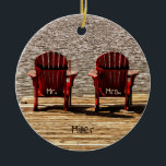 Mr Mrs Red Adirondack Beach Chairs Rustic Ceramic Ornament<br><div class="desc">Mr and Mrs wedding Adirondack beach chairs Christmas tree ornament. Country rustic cottage style gift for the newly weds. Brown burgundy,  modern,  chic,  trendy,  unique. Image copyright Marg Seregelyi Photography.</div>