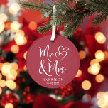 Mr Mrs Red Wedding Photo Ornament<br><div class="desc">A keepsake red photo ornament for newlyweds with "Mr & Mrs" in an elegant white script and a white illustration of two hearts joined together. Add your name and wedding date. Add your wedding photo on the reverse side.</div>
