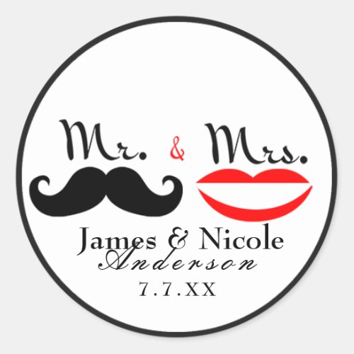 Mr  Mrs Retro Mustache Lips Wedding Sticker