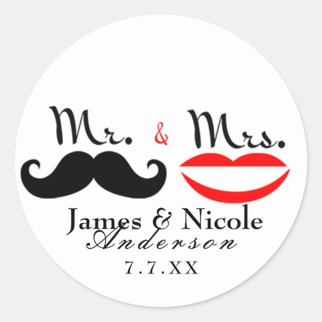 Mr. & Mrs. Retro Mustache Lips Wedding Sticker (Front)