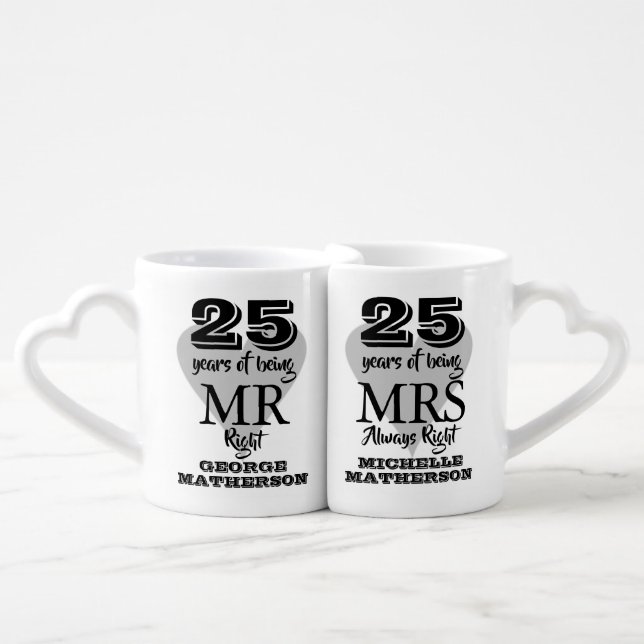 Mr Mrs Right Fun 25th Anniversary Silver Heart Coffee Mug Set (Front Nesting)