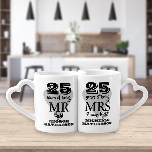 Mr Mrs Right Fun 25th Anniversary Silver Heart Coffee Mug Set