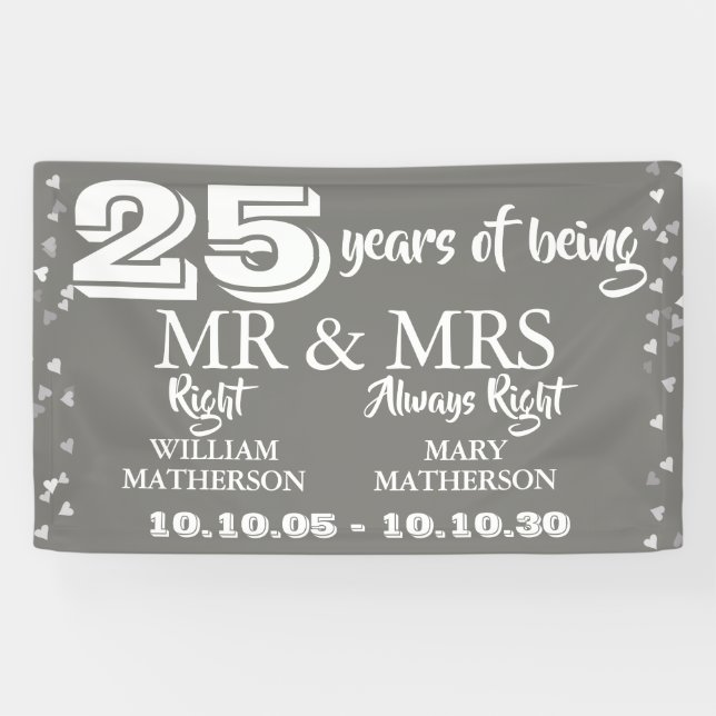 Mr Mrs Right Fun 25th Anniversary Silver Hearts Banner (Horizontal)