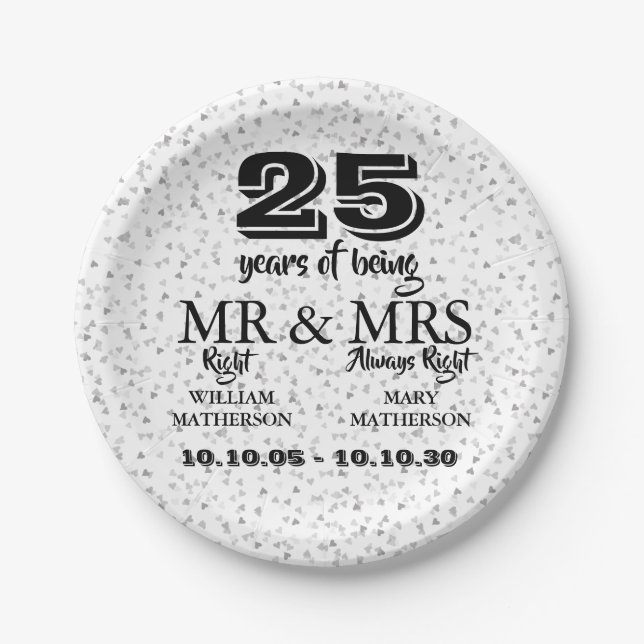 Mr Mrs Right Fun 25th Anniversary Silver Hearts Paper Plates (Front)