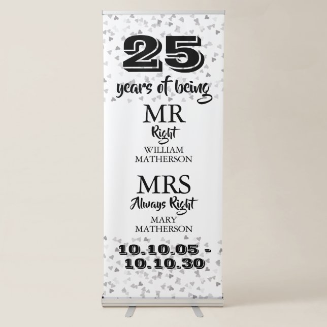 Mr Mrs Right Fun 25th Anniversary Silver Hearts Retractable Banner (Front)
