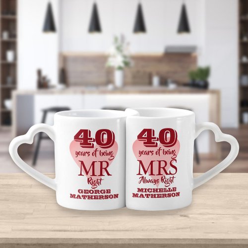 Mr Mrs Right Fun 40th Anniversary Ruby Heart Coffee Mug Set