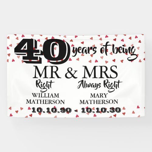 Mr Mrs Right Fun 40th Anniversary Ruby Hearts Banner