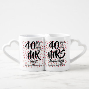 Mr Mrs Right Fun 40th Anniversary Ruby Hearts Coffee Mug Set
