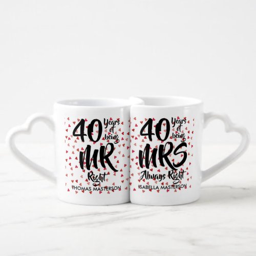 Mr Mrs Right Fun 40th Anniversary Ruby Hearts Coffee Mug Set