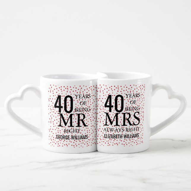 Mr Mrs Right Fun 40th Anniversary Ruby Hearts Coffee Mug Set (Front Nesting)