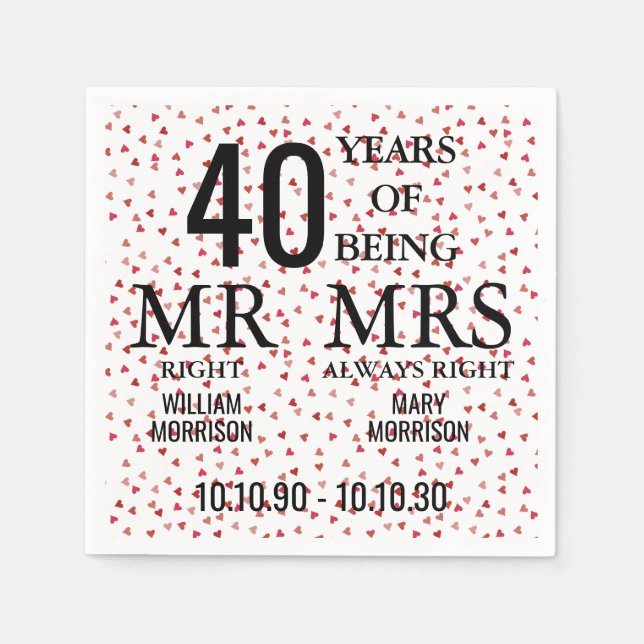 Mr Mrs Right Fun 40th Anniversary Ruby Hearts Napkins (Front)