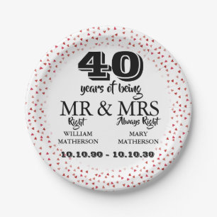 Mr Mrs Right Fun 40th Anniversary Ruby Hearts Paper Plates