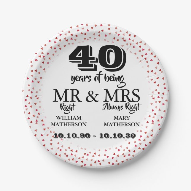 Mr Mrs Right Fun 40th Anniversary Ruby Hearts Paper Plates (Front)