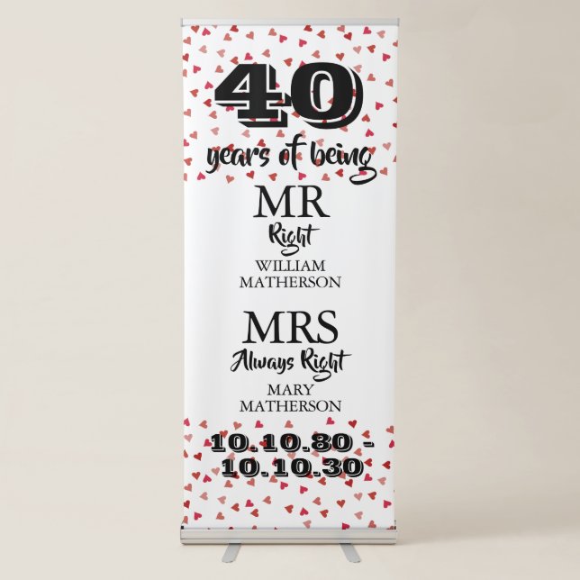 Mr Mrs Right Fun 40th Anniversary Ruby Hearts Retractable Banner (Front)