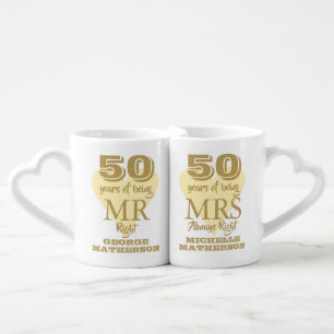 Mr Mrs Right Fun 50th Anniversary Gold Heart Coffee Mug Set