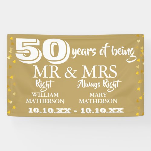 Mr Mrs Right Fun 50th Anniversary Gold Hearts Banner