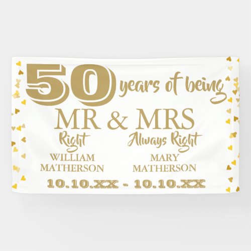 Mr Mrs Right Fun 50th Anniversary Gold Hearts Banner