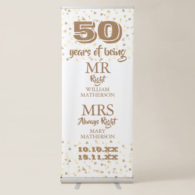 Mr Mrs Right Fun 50th Anniversary Gold Hearts Retractable Banner (Front)