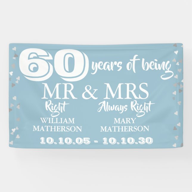 Mr Mrs Right Fun 60th Wedding Anniversary Hearts Banner (Horizontal)