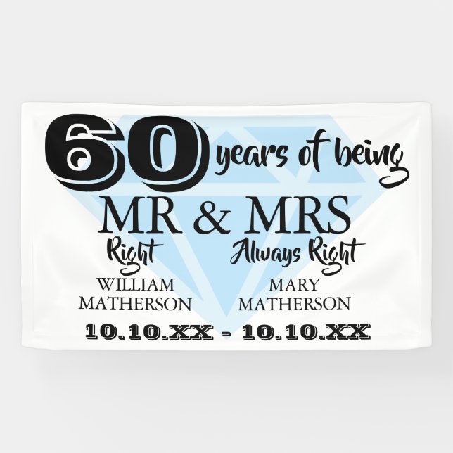 Mr Mrs Right Fun Diamond 60th Wedding Anniversary Banner (Horizontal)