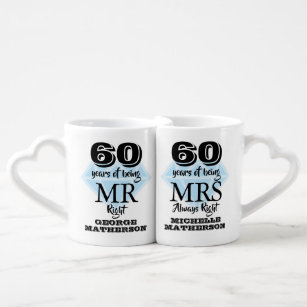 Mr Mrs Right Fun Diamond 60th Wedding Anniversary Coffee Mug Set