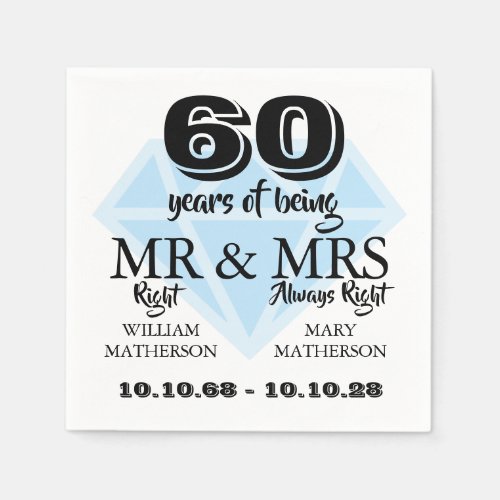 Mr Mrs Right Fun Diamond 60th Wedding Anniversary Napkins