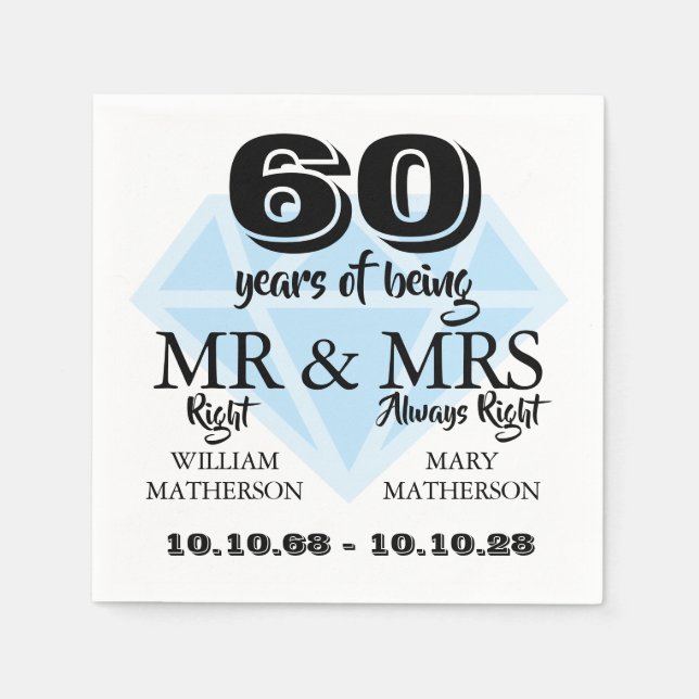 Mr Mrs Right Fun Diamond 60th Wedding Anniversary Napkins (Front)