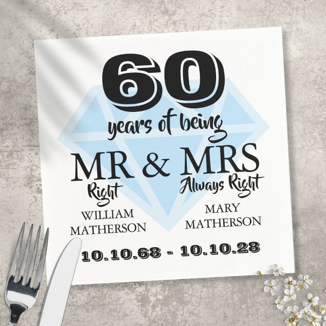 Mr Mrs Right Fun Diamond 60th Wedding Anniversary Napkins (Creator Uploaded)