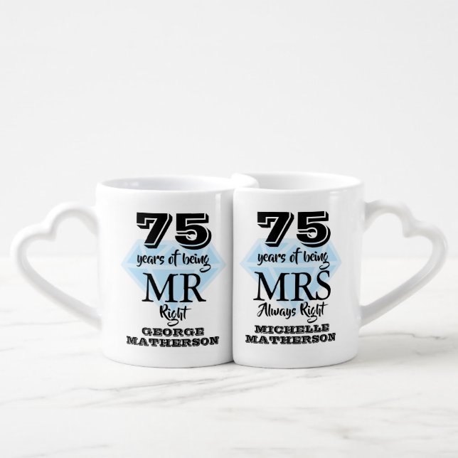 Mr Mrs Right Fun Diamond 75th Anniversary Coffee Mug Set (Front Nesting)