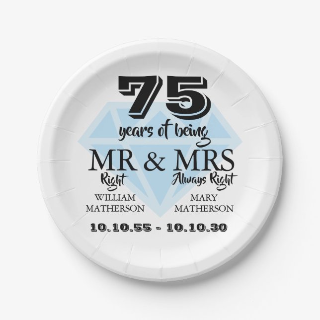 Mr Mrs Right Fun Diamond 75th Anniversary Paper Plates (Front)
