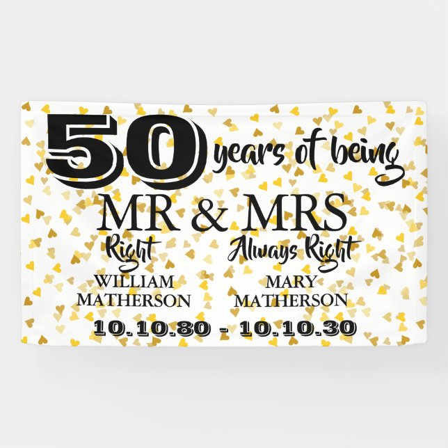 Mr Mrs Right Fun Golden 50th Anniversary Banner (Horizontal)