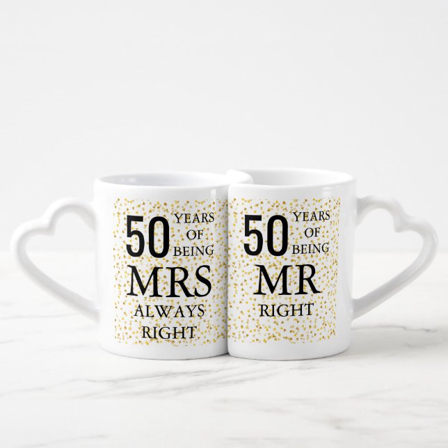 Mr Mrs Right Fun Golden 50th Anniversary Coffee Mug Set (Front Nesting)