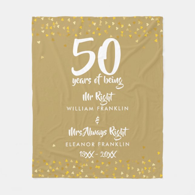 Mr Mrs Right Fun Golden 50th Anniversary Fleece Blanket (Front)