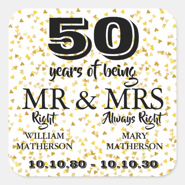 Mr Mrs Right Fun Golden 50th Anniversary Square Sticker (Front)