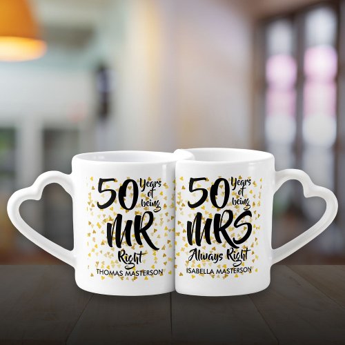 Mr Mrs Right Fun Golden 50th Wedding Anniversary Coffee Mug Set