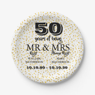 Mr Mrs Right Fun Golden 50th Wedding Anniversary Paper Plates